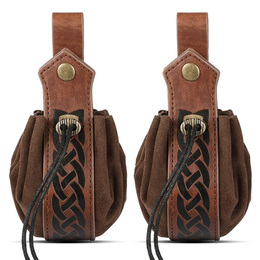 2 Pcs Medieval Faux Leather Pouch Portable Drawstring Purse Medieval Belt Pouch Vintage Renaissance Belt Pouch Dice Bag for Men Women Costume Accessories (Brown)