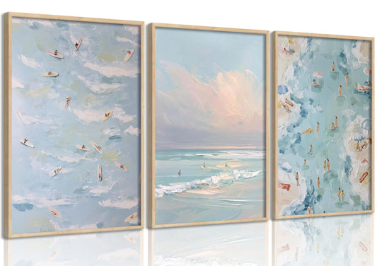 Blue Ocean Wall Art Coastal Surf Poster Beach Vacation Picture Wall Decor Abstract Beach People Surfing Painting Seashore Canvas Print Artwork for Living Room Bedroom Apartment Decoration,UNFRAMED