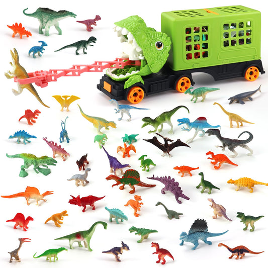Oiuros 50PCS Dinosaur Truck Toy, Tyrannosaurus Capture Vehicle with 50 Dinosaur Figures, Educational Jurassic Playset for Boys & Girls - Perfect Birthday