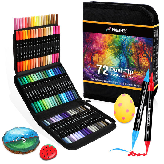 Pagather 72 Colors Acrylic Paint Markers, Dual Tip with Fine Tip and Brush Tip Pens for Stone, Wood, Calligraphy, Canvas, Ceramic, Metal, Glass, Rock Painting, DIY Crafts Art Supplies Kit