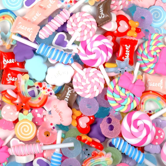 WILLBOND 120 Pieces Assorted Charms Cute Set Flatback Beads Making Kit Mixed Candy Sweets Resin Random Kawaii Candy Resin Ornaments for DIY Craft Scrapbooking Decoration