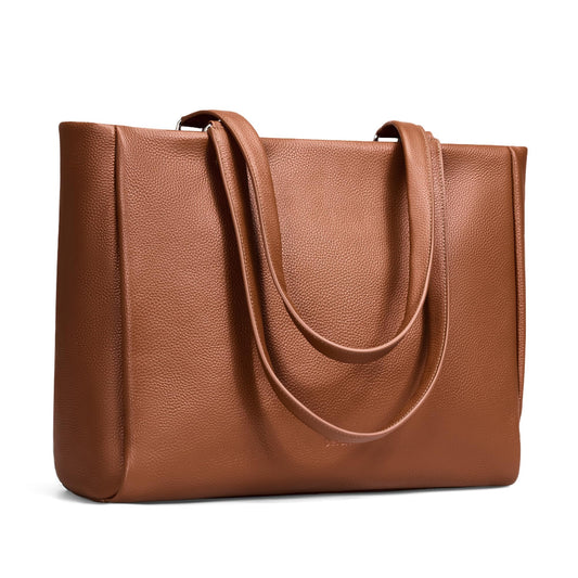 befen Real Leather Work Tote Bag for Women Ladies Totes Shoulder Purse Satchel Handbags with 15.6" Compartment & Water Cup Holder Cognac Brown