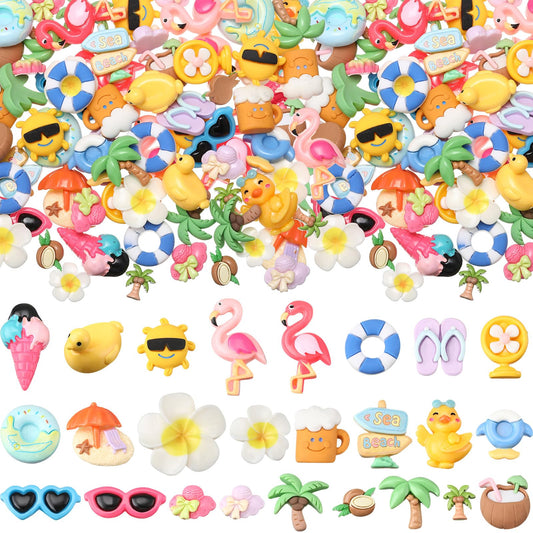 Giegxin 40 Pcs Summer Resin Charm Hawaii Beach Coconut Flamingo Plumeria Flower Flatback Cabochon Accessories Cute Embellishments Bulk for Jewelry Cellphone Case Scrapbooking Headband DIY Craft Making