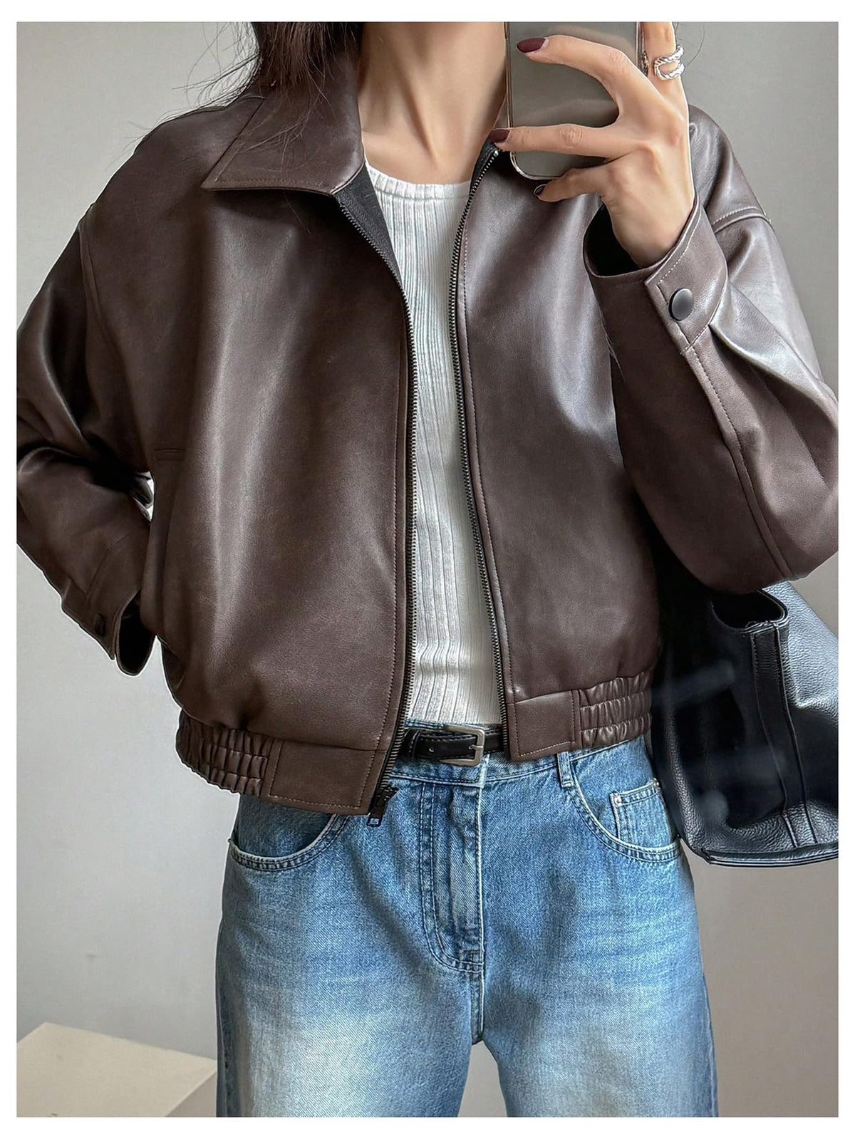 BEAUDRM Women's Y2K Faux Leather Jacket Zip Up Crop Bomber Jacket Going Out Motor Bike Motorcycle Coat Streetwear with Pocket Brown Small