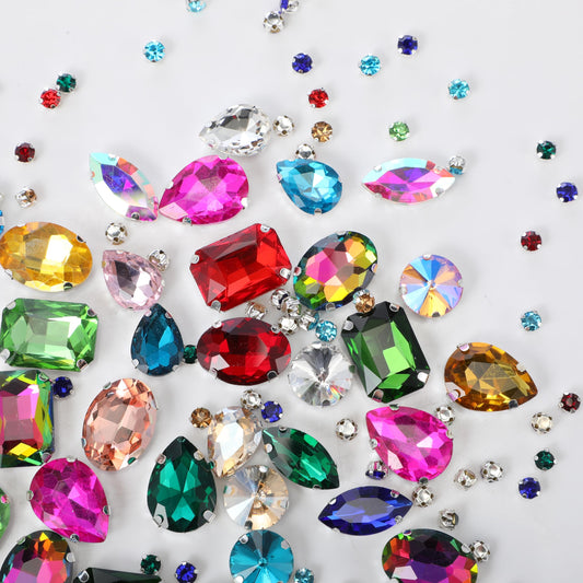 WILLBOND 156 Pcs Sew on Rhinestones Claw Flatback Crystal Rhinestones Metal Prong Setting Gems Acrylic Glass Sewing Gems for Clothes DIY Craft Shoes Dress Jewelry Making (Colorful)