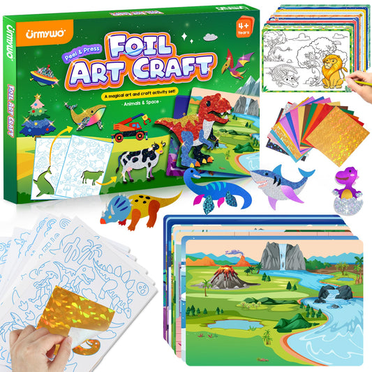 Fun Foil Art Craft Kits, 2 In 1 DIY Dinosaur & Space Creative Sticker Coloring Activity, Travel Toys, Arts and Crafts for Kids 4-6, No Mess Art Craft Supplies, 4 5 6 7 8 9 10 Year Old Boy Girl Gifts