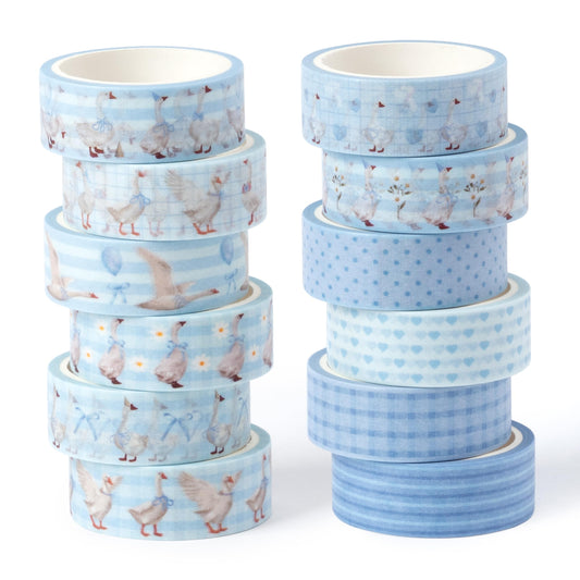 Laffact Blue Goose Washi Tapes - 12Rolls Blue Watercolor Coquette Bow Silly Goose Plaid Decoration Tape Set, Wrapping Paper Tape for Scrapbook Journal DIY Art Craft for Baby Shower Party Birthday Gift