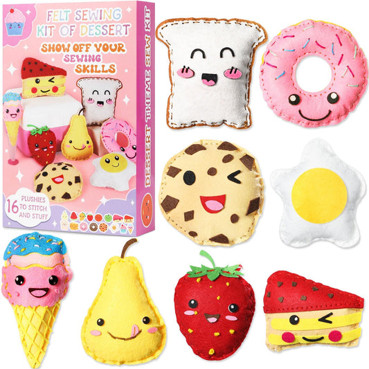 ZOIIWA 16 Sets Food Themed Sewing Kit for Kids Fun Craft for Boy Girl Age Felt Fruit Plush Craft Kit Learn to Sew Educational Beginners Sewing Stuffed Ornament for Back to School Birthday Party Gift