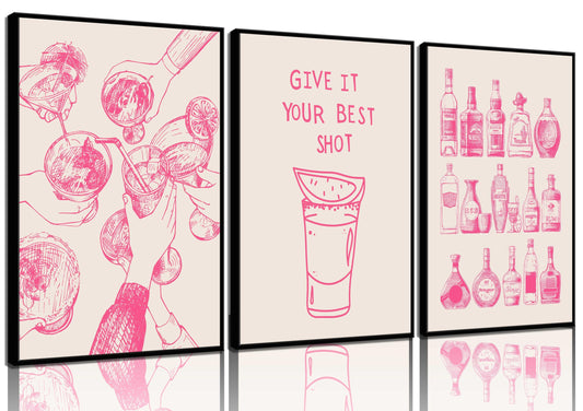 3Pcs Pink Bar Cart Wall Art Coquette Trendy Alcohol Bottles Poster Pictures Retro Cocktail Cheer Canvas Painting Girly Preppy Alcoholic Beverage Wall Decor Funky Cocktail Wiskey Prints Unframed