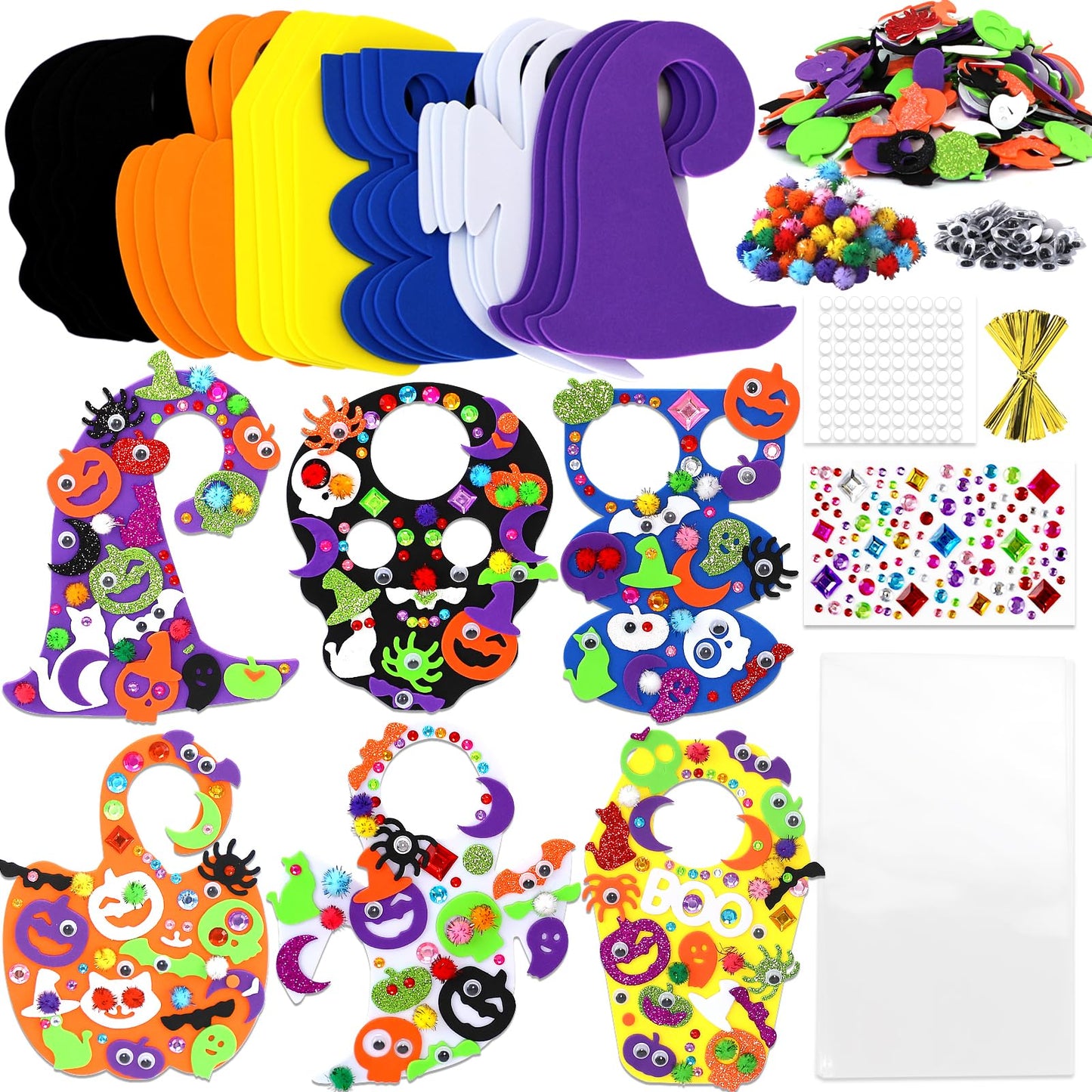 24 Set Halloween Craft Kits DIY Halloween Doorknob Hanger Decorations Fall Arts & Crafts Supplies, Halloween Pumpkin Bat Ghost Monster Foam Stickers for Classroom Gift Party Favors Activities