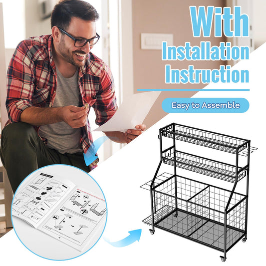 Sports Equipment Garage Organizer - Heavy Duty Garage Organization Ball Storage Rack with Basket, Hooks and Rolling Cart for Sports Gear and Toy Storage, Indoor/Outdoor Use, Black