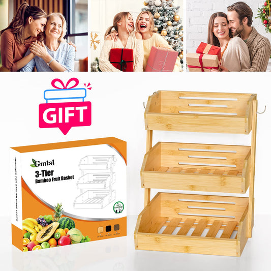 Gmtsl Bamboo Fruit Basket for Kitchen – 3 Tier Fruit Bowl For Kitchen Counter, Large Fruit Holder With 2 Banana Hangers, Idea For Fruit and Vegetable Storage, Bread Basket, Snack Organizer(Bamboo)