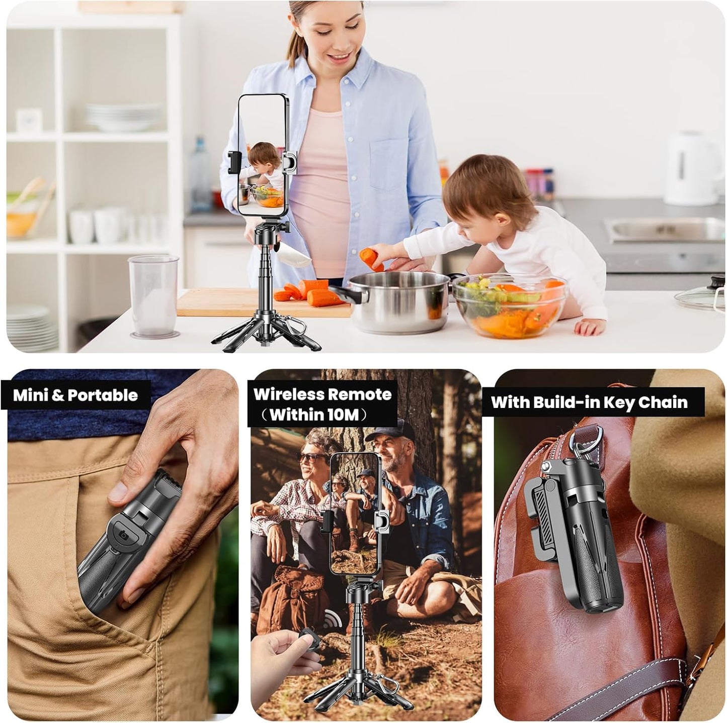 Busdebon 4-in-1 Selfie Sticks for iPhone, Multi-Functional Phone Tripod with Remote Control, Pocket-Sized Mini Selfie