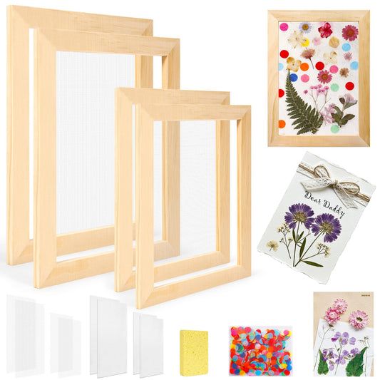 Aboofx Paper Making Kit, A5 & A6 Size Paper Making Screen Frame Kit, Wooden Mold and Deckle with Mesh, Absorbent Papers, Sponge and Confetti, DIY Handmade Papers Making Supplies Gift for Craft Lovers