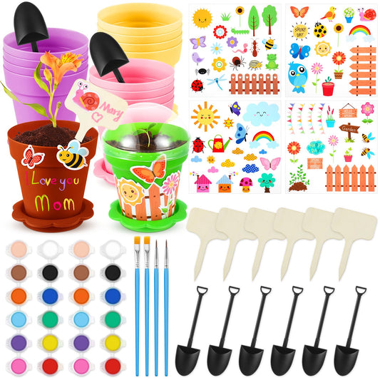 SiliFine 24 Sets Spring Kids Plant Growing Kit Flower Pots Cupcake Plant Nursery Pots Gardening Kit for Kids with Paint and Stickers Labels Name Tag for Easter Mothers Day Craft Bulk Classroom