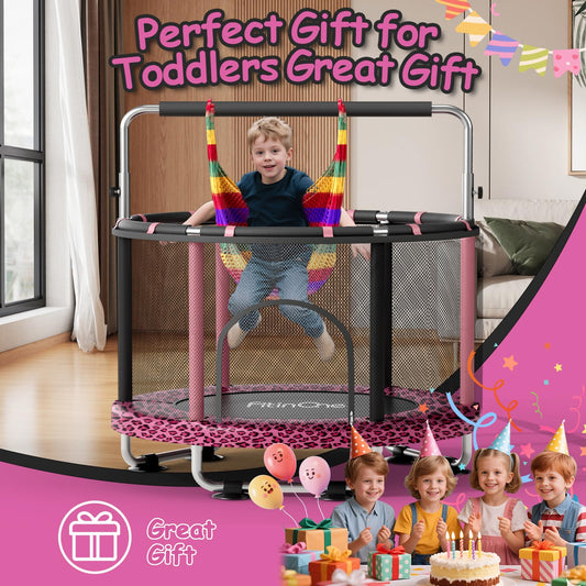 FitinOne 55" Toddler Mini Trampoline for Kids, Indoor Outdoor Toys with Swing, 440lbs Baby Kids Trampoline, Gymnastics Bar, Birthday Gifts for Boy Girl Age 1-8(Leopard)