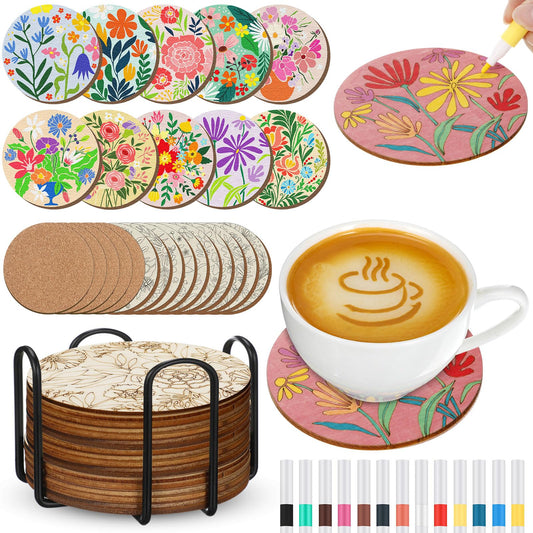 Reallnaive 45 Pcs Flower Wooden Coasters Painting Kit, 4 Inch Paint Your Own Boho Coasters with Markers, Mothers Day Arts and Crafts for Adults Women Seniors Elderly Crafters Gifts