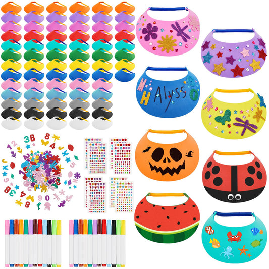 Outus 94 Pcs Assorted Craft Decorations with 72 Foam Visors for Kids, DIY Sun Visor Kit with Stickers & Markers for Arts & Crafts Activities (Classic Color)