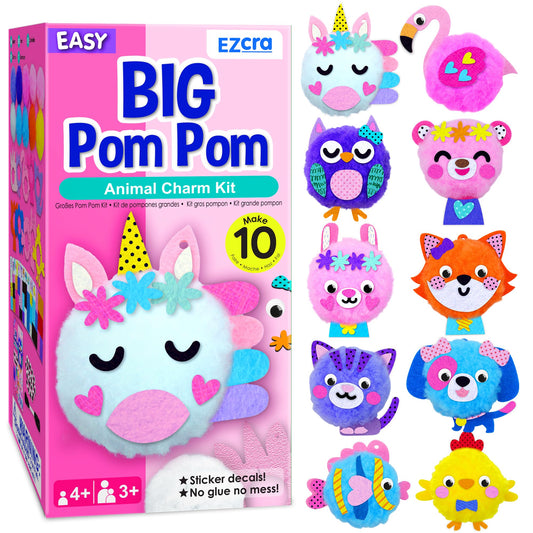 EZCRA Kids Crafts Ages 4-8 – 10 Plush Pom Pom Unicorn and Animals All-in-One DIY Craft Set – Felt Stickers, Educational & Creative Gift for Girls & Boys