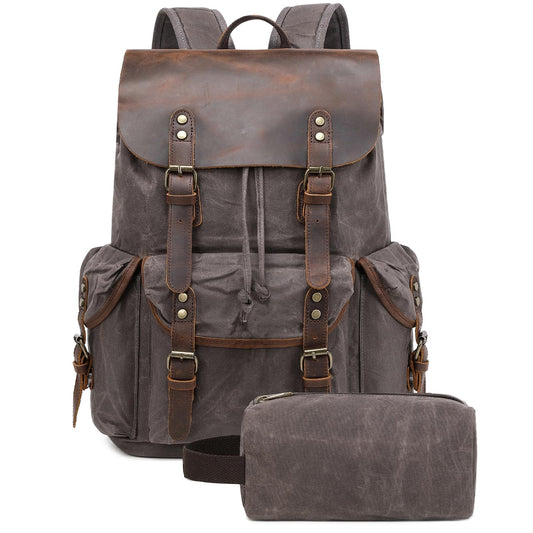 Yamons Genuine Leather Backpack for Men, Waxed Canvas Backpack Shoulder Rucksack with Toiletry Vintage Backpack for Travel,Camping, Hiking(Grey)