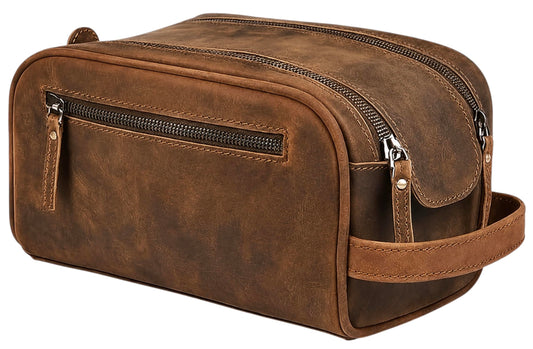 Hindoro Buffalo Leather Toiletry Bag for Men – Vintage Travel Toiletry Organizer, Large Capacity Shaving & Grooming Bag with Waterproof Lining, Fits Toiletries, Cosmetics & Travel Essentials, Brown