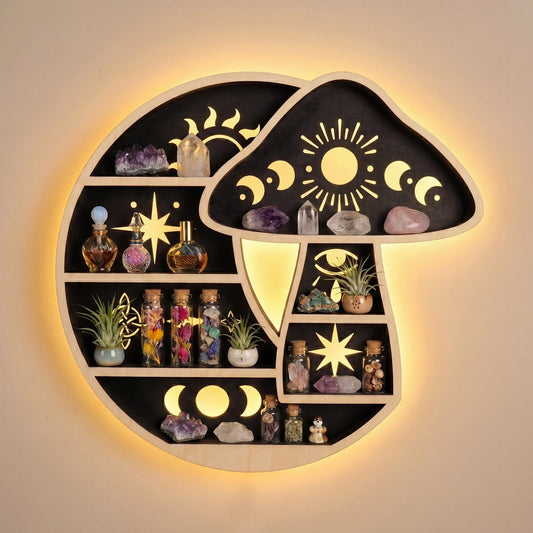 FNYDOX Crescent Moon Shelf with LED Light, Wooden Mushroom Shelf for Crystals Rocks Gems Healing Stones, Trinket Knick Knack Bohomian Witchy Wiccan Shelves Wall Mounted