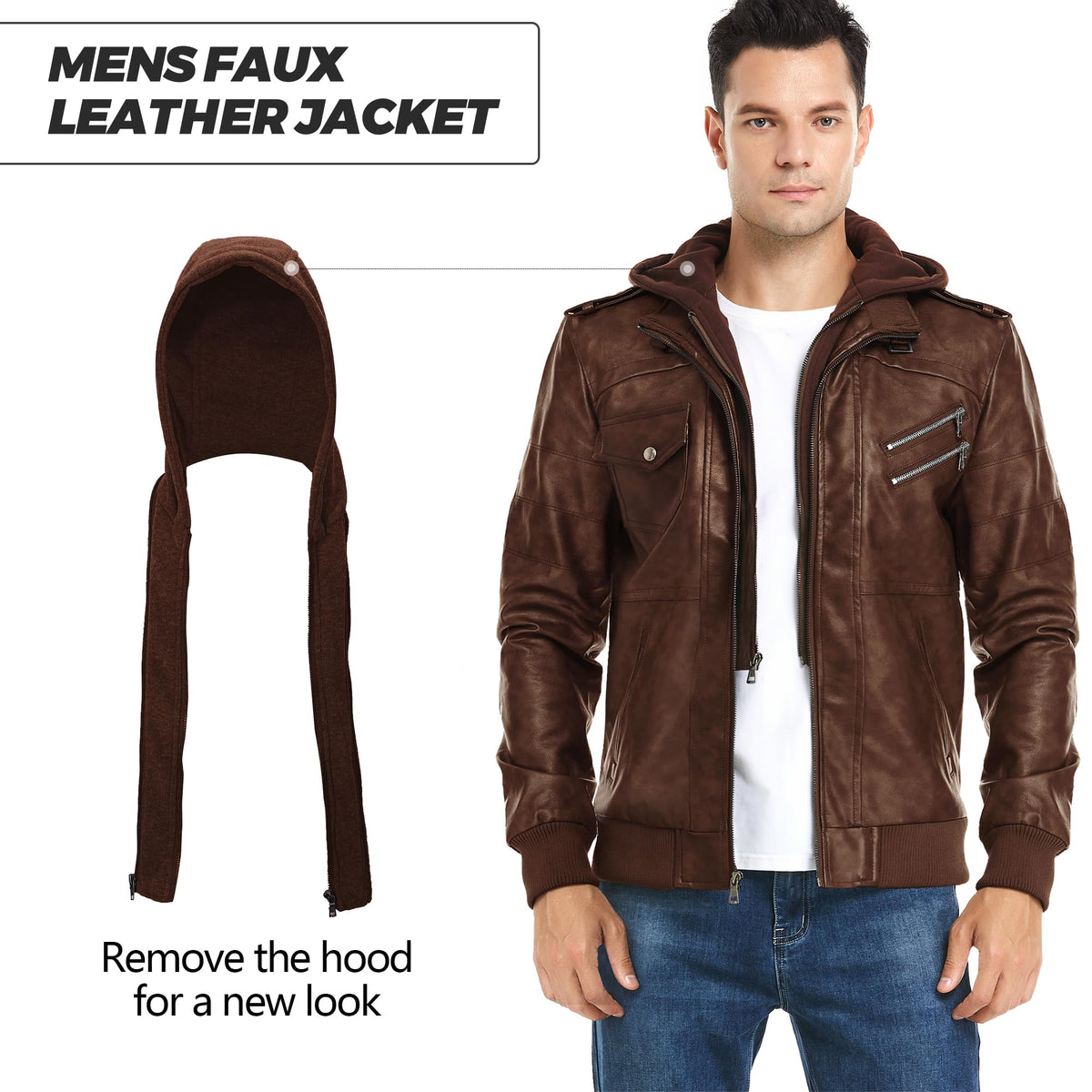 JYG Men's Faux Leather Jacket Stand Collar Motorcycle Bomber Jackets with Removable Hood (Brown,2XL)