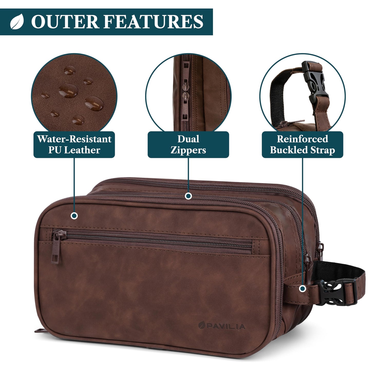 PAVILIA Toiletry Bag for Men, Travel Toiletries Bag | Water-resistant Dopp Kit, PU Leather Shaving Pouch Organizer for Accessories, Cosmetic, Hygiene, Grooming Essentials (Dark Brown)