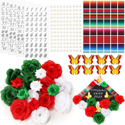 Knitgrip 37 Pcs DIY Mexican Graduation Cap Decorations Accessory Kit Include Faux Flower Heads 3D Butterfly Glitter Letter Stickers Pearl Stickers for Graduation Cap Decoration DIY Craft (3 Color)