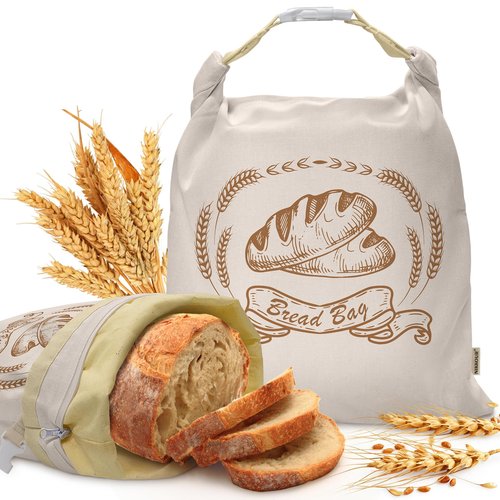 Large Linen Beeswax Bread Bags(2 Pack) Sourdough Bread Bags Reusable Double-Lock Freezer Baking Container Gift Giving for Homemade,Loaf,Sourdough,Food Storage (Plain Colour Patterns)