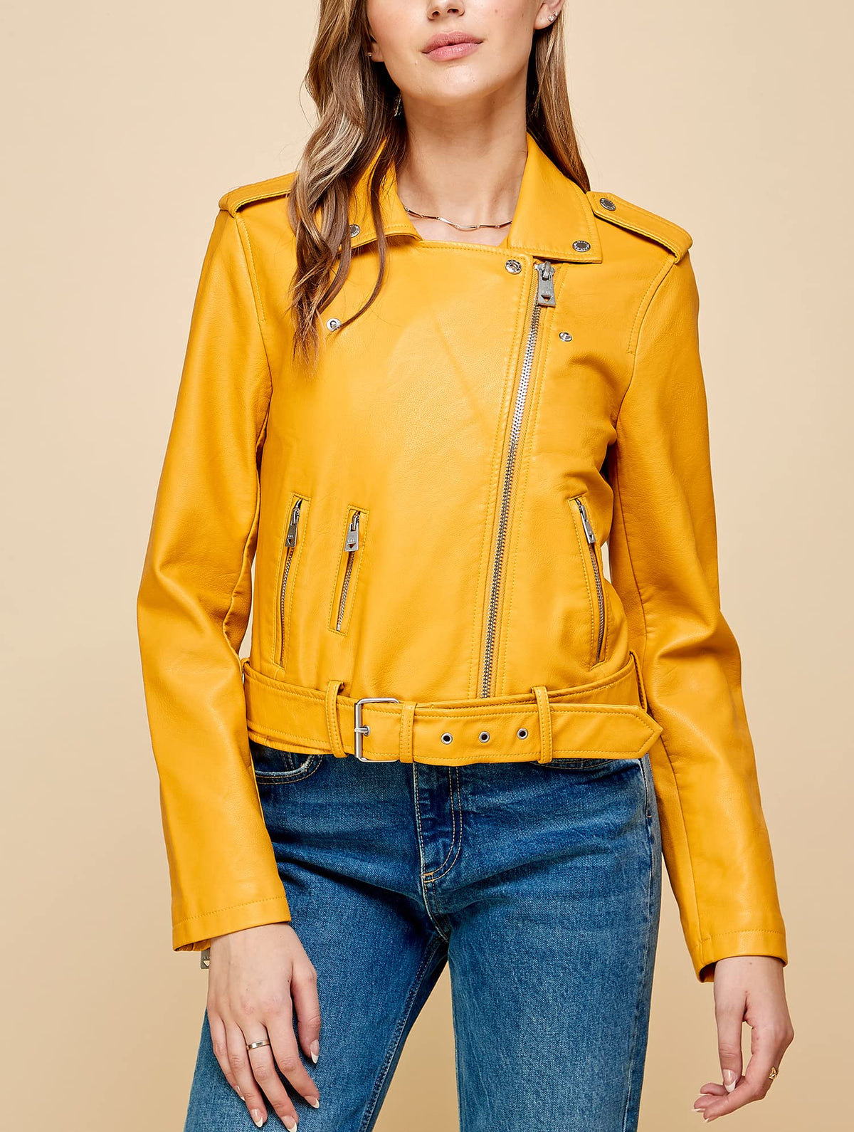 Lock and Love LL WJC1849 Women's Asymmetrical Faux Lether Belted Moto Jacket L MUSTARD