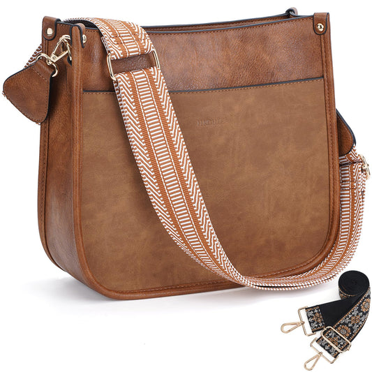 HKCLUF Crossbody Bags for Women Trendy Vegan Leather Hobo Handbags With 2PCS Adjustable Guitar Strap Crossbody Shoulder Bag Purse For Women(Stitching Brown)