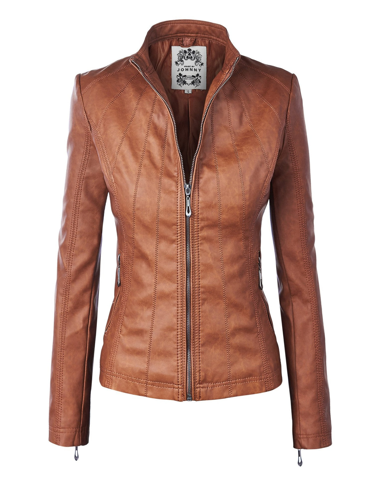 Made by Johnny MBJ WJC877 Womens Panelled Faux Leather Moto Jacket M Camel