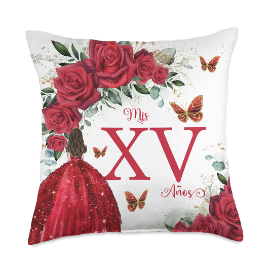 Red Roses Floral Quinceañera Mis XV Años Throw Pillow