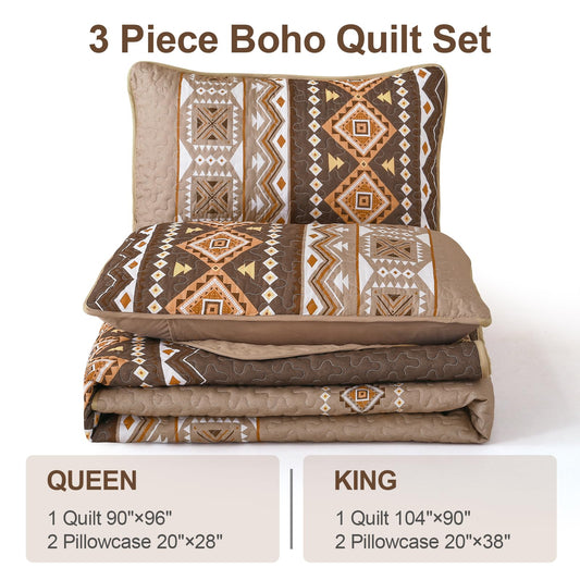 WONGS BEDDING Boho Quilt Set Queen Size,3 Pieces Brown Geometry Printed Bedspread Coverlet Set,Lightweight Microfiber Bedding Set with 2 Pillowcases,96"×90"