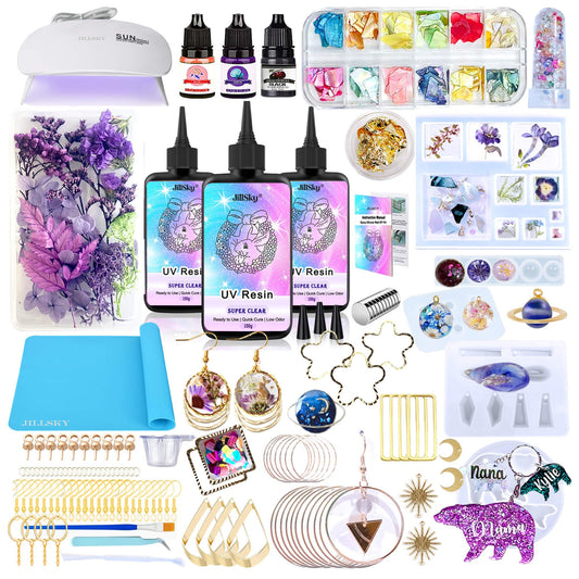 JILLSKY UV Resin Jewelry Making Kit, 300g Complete UV Resin Kit with Light, Molds, Storage Box & Tools for Beginners, DIY Resin Earrings, Necklaces, Pendants & Crafts