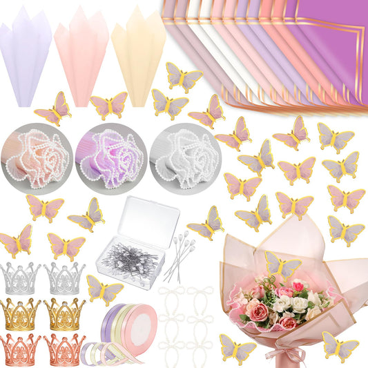 Trandraft 368 Pcs Wedding Birthday Anniversary Flower Bouquet Wrapping Paper Kit Flower Bouquet Accessories Flowers Supplies, 3D Butterfly Pin Ribbon Bow for Florist DIY Craft(Fresh,Lovely Color)