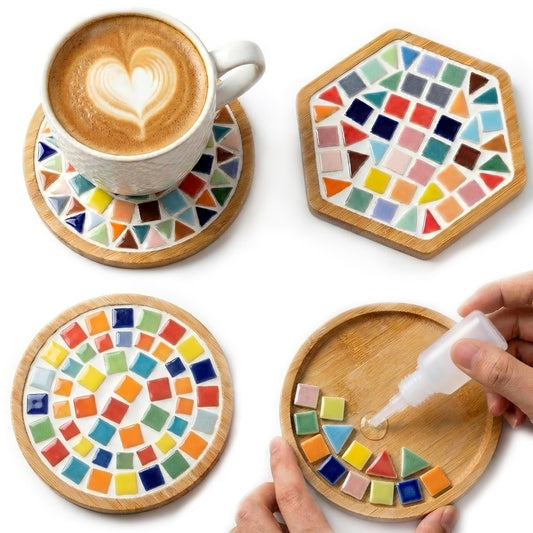Nuyoach DIY Mosaic Coaster Kits for Adults Craft,2 Sets Ceramic Arts and Crafts Tile Kit with Wooden Coasters,Glass Mosaic Adult Craft Kits for Women Seniors Handmade Gifts Home Decor