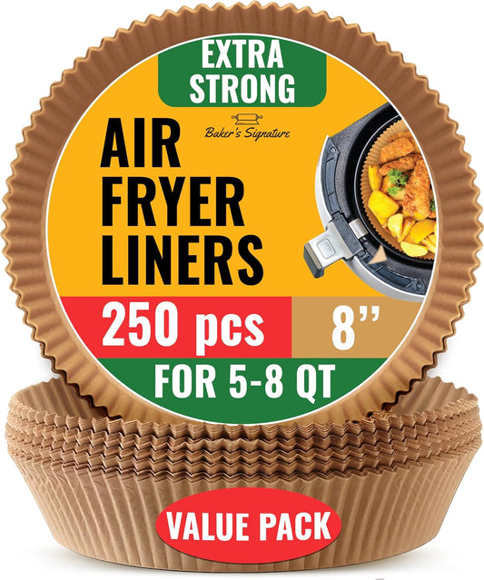 Baker's Signature 250 Pcs Air Fryer Liners - Round Non-Stick & Oil Proof for Easy Cleanup | 8 Inch for 5-8 Qt Baskets