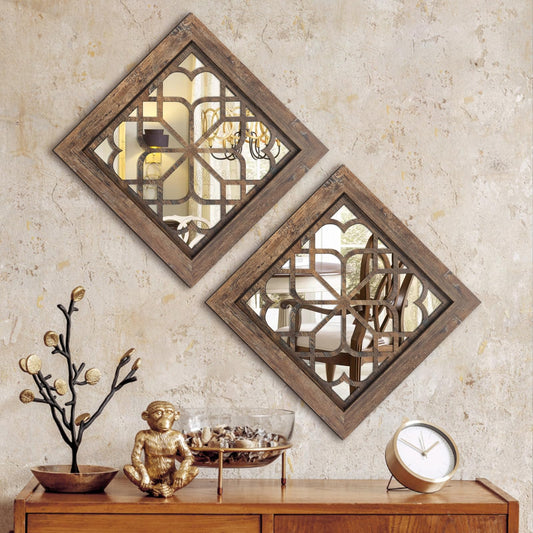 HMANGE Boho Wall Mirror Decor, Set of 2 Rustic Farmhouse Mirror 12x12 Inch, Square Shatterproof Vintage Style Mirrors for Wall, Small Decorative Mirrors for Living Room, Bedroom(Redbrown)