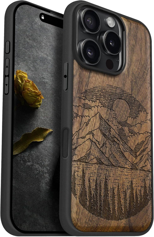 Carveit 16 Magnetic Wooden Case for iPhone Pro Case, Wood Artisan Engraved & Black Soft TPU Shockproof Cover