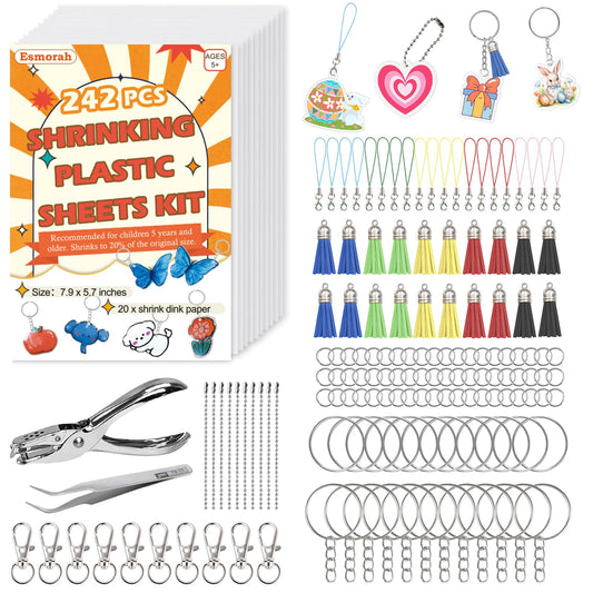 Esmorah 242PCS Shrink Dink Keychain Kit - Shrink Plastic Sheets with 20pcs Shrink Paper Sheets+Tools, DIY Heat Shrink Art Kit for Keychains, Rings, Charms & Crafts for Kids & Adults Creative Projects