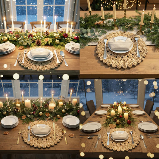 DELAQIKO 13.8" Round Corn Husk Placemats | Boho Woven Rattan Table Mats | Natural Spring Farmhouse Plate Chargers | Handmade Rustic Wicker Place Mats for Christmas Wedding (Set of 4)