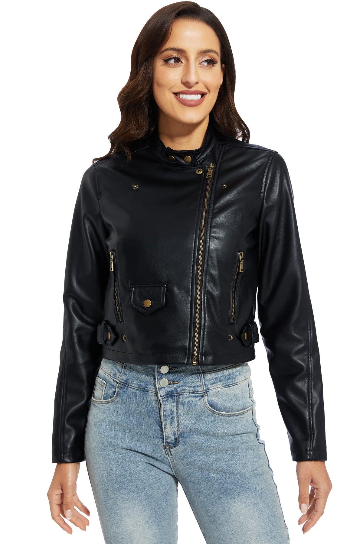 Fahsyee Faux Leather Jacket Women - Black Motorcycle Cropped Short Coat Moto Biker Blazer Slim Size Casual Soft Jackets Fashion M