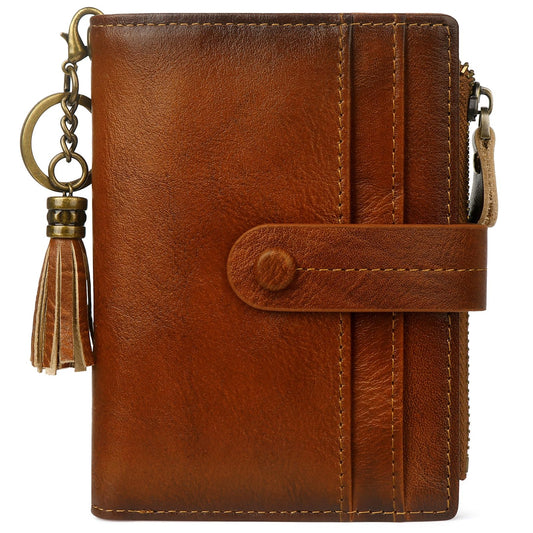 Blucoay Leather Wallet Women,RFID Blocking Small Wallets for Women Compact Bifold Slim Wallet Card Holder With Zipper Coin Pocket Brown