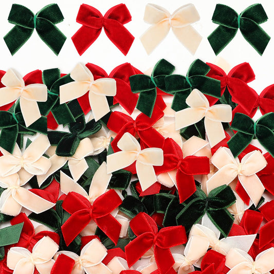 Waydress 120 Pcs Tiny Mini Christmas Velvet Bows for Crafts Xmas Twist Tie Bows Ribbon Bowknot Christmas DIY Craft Sewing Scrapbooking Gift Wrapping(Red, Green, Cream,1 Inch)