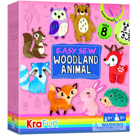 KRAFUN Easy Sewing Kit for Beginner Kids Arts & Crafts, 8 DIY Projects of Stuffed Dolls of Woodland Animals, Bear, Bunny, Fox, Owl, Instructions & Felt, Gift for Girls, Boys, Learn to Sew