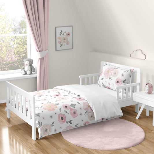 Sweet Jojo Designs 5-Piece Toddler Bedding Set (Pink/Grey Boho Floral) for Girls, Kids incl. Bed in a Bag Comforter, Blanket, Pillowcase, Sham & Sheets (Watercolor, Elegant Rose, Farmhouse, Nature)