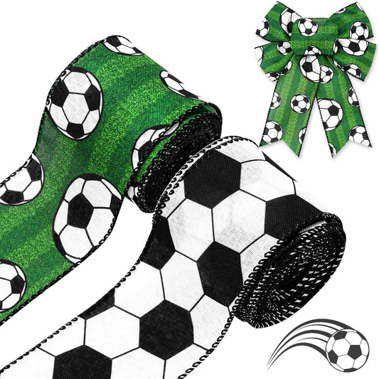 Soccer Wired Edge Ribbon 2.5 Inch Green Black White Craft Ribbon Sport Ball Fabric Ribbons for Sport Events DIY Bow Wreath Wrapping Supplies, 20 Yards, 2 Rolls
