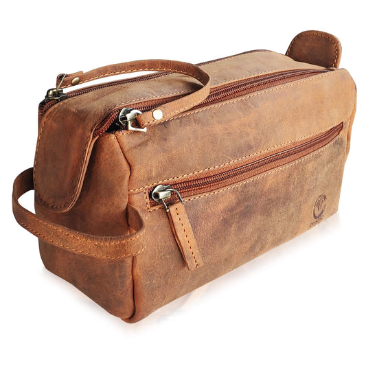 Leather Toiletry Bag – Stylish & Durable Dopp Kit with Water Resistant Lining – Travel Shaving Kit Organizer for Bathroom & Overnight Trips - Great Gift for Men & Women